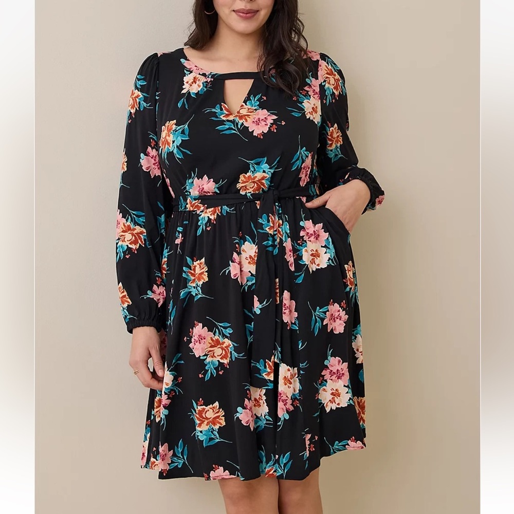 Torrid Mini Stretch Challis Aline Floral Black Dress 2X Casual Boho Cocktail NEW